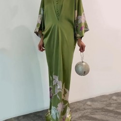 Batwing Sleeves Loose Floral Printed Muslim Pleated Stand Collar Maxi Dresses