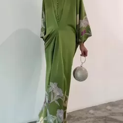 Batwing Sleeves Loose Floral Printed Muslim Pleated Stand Collar Maxi Dresses