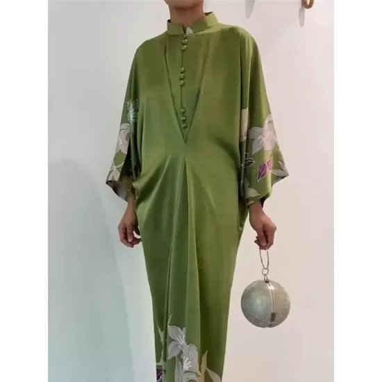 Batwing Sleeves Loose Floral Printed Muslim Pleated Stand Collar Maxi Dresses Batwing Sleeves Loose Floral Printed Muslim Pleated Stand Collar Maxi Dresses