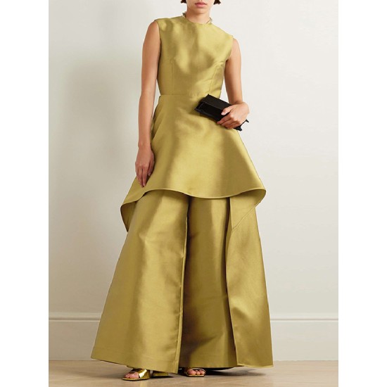 Sleeveless Wrap Falbala Layered Solid Color Zipper Round-Neck Jumpsuits Sleeveless Wrap Falbala Layered Solid Color Zipper Round-Neck Jumpsuits