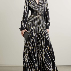 Loose Contrast Color Printed Zipper V-Neck Jumpsuits