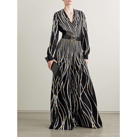 Loose Contrast Color Printed Zipper V-Neck Jumpsuits Loose Contrast Color Printed Zipper V-Neck Jumpsuits