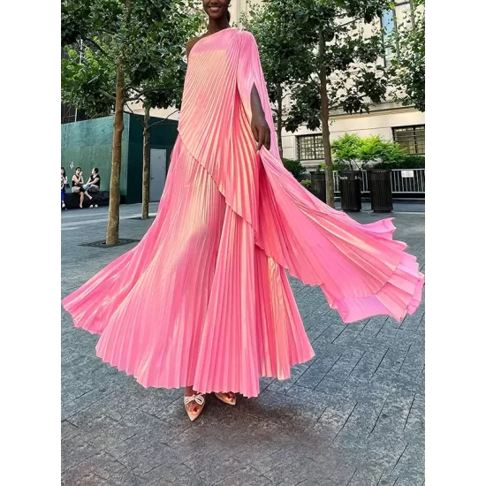 Loose Asymmetric Pleated One-Shoulder Maxi Dresses Loose Asymmetric Pleated One-Shoulder Maxi Dresses