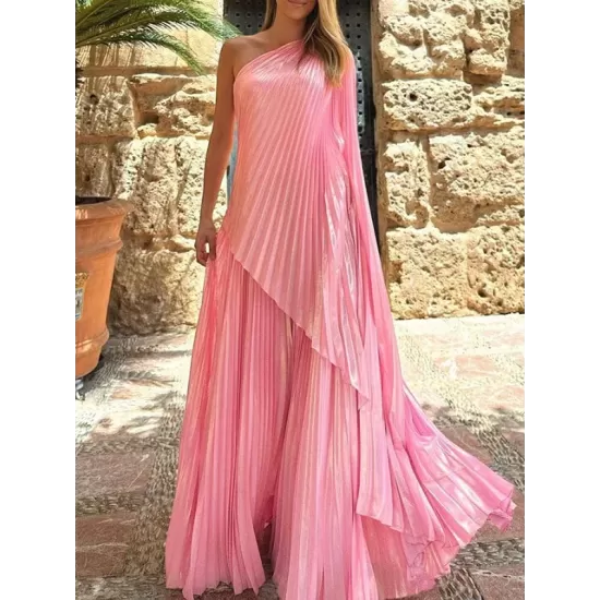 Loose Asymmetric Pleated One-Shoulder Maxi Dresses Loose Asymmetric Pleated One-Shoulder Maxi Dresses