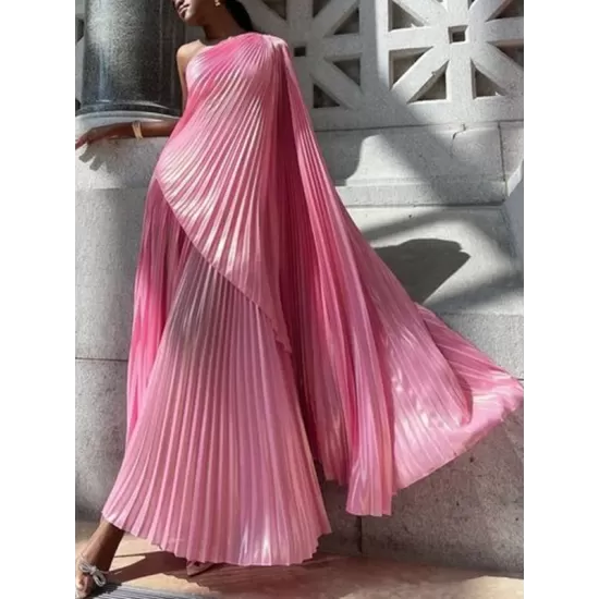 Loose Asymmetric Pleated One-Shoulder Maxi Dresses Loose Asymmetric Pleated One-Shoulder Maxi Dresses