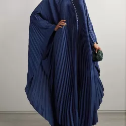 Batwing Sleeves Loose Pleated Solid Color Round-Neck Maxi Dresses