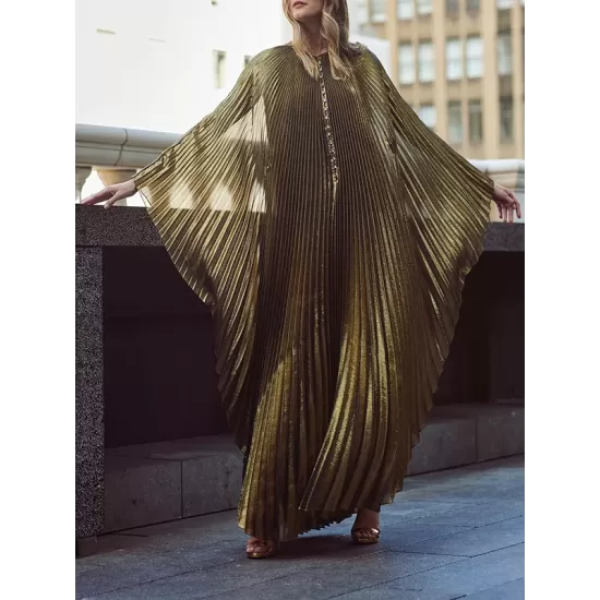 Batwing Sleeves Loose Pleated Solid Color Round-Neck Maxi Dresses Batwing Sleeves Loose Pleated Solid Color Round-Neck Maxi Dresses