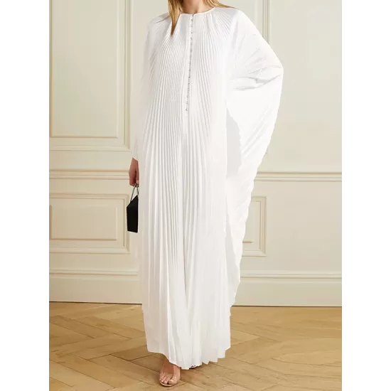 Batwing Sleeves Loose Pleated Solid Color Round-Neck Maxi Dresses Batwing Sleeves Loose Pleated Solid Color Round-Neck Maxi Dresses