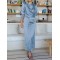 Pleated Solid Color Split-Front A-Line High Waisted Mock Neck Maxi Dresses