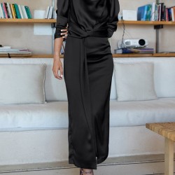 Pleated Solid Color Split-Front A-Line High Waisted Mock Neck Maxi Dresses