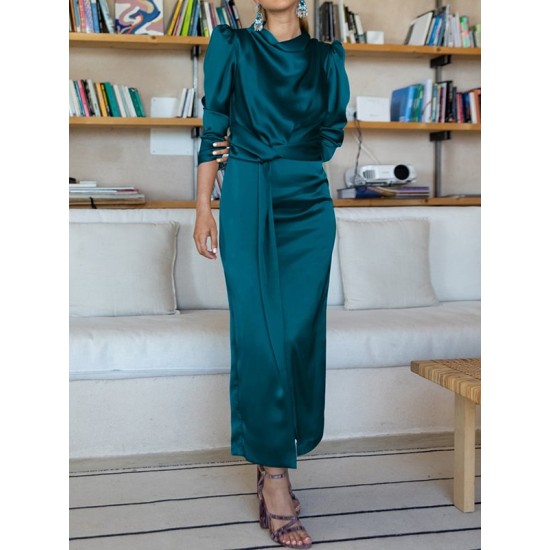 Pleated Solid Color Split-Front A-Line High Waisted Mock Neck Maxi Dresses Pleated Solid Color Split-Front A-Line High Waisted Mock Neck Maxi Dresses