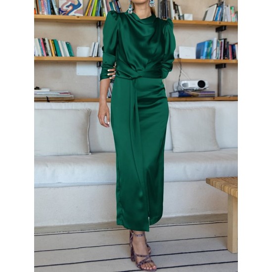 Pleated Solid Color Split-Front A-Line High Waisted Mock Neck Maxi Dresses Pleated Solid Color Split-Front A-Line High Waisted Mock Neck Maxi Dresses