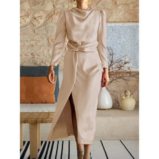 Pleated Solid Color Split-Front A-Line High Waisted Mock Neck Maxi Dresses Pleated Solid Color Split-Front A-Line High Waisted Mock Neck Maxi Dresses