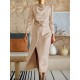 Pleated Solid Color Split-Front A-Line High Waisted Mock Neck Maxi Dresses Pleated Solid Color Split-Front A-Line High Waisted Mock Neck Maxi Dresses