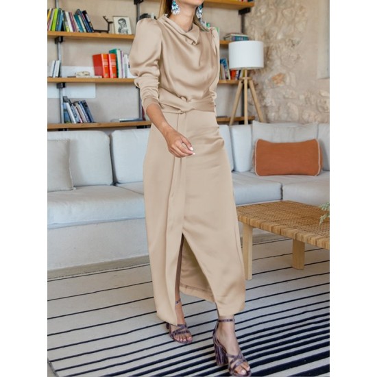 Pleated Solid Color Split-Front A-Line High Waisted Mock Neck Maxi Dresses Pleated Solid Color Split-Front A-Line High Waisted Mock Neck Maxi Dresses