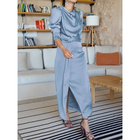 Pleated Solid Color Split-Front A-Line High Waisted Mock Neck Maxi Dresses Pleated Solid Color Split-Front A-Line High Waisted Mock Neck Maxi Dresses