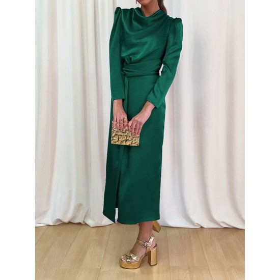 Pleated Solid Color Split-Front A-Line High Waisted Mock Neck Maxi Dresses Pleated Solid Color Split-Front A-Line High Waisted Mock Neck Maxi Dresses