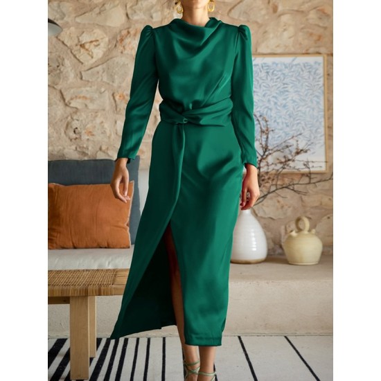Pleated Solid Color Split-Front A-Line High Waisted Mock Neck Maxi Dresses Pleated Solid Color Split-Front A-Line High Waisted Mock Neck Maxi Dresses