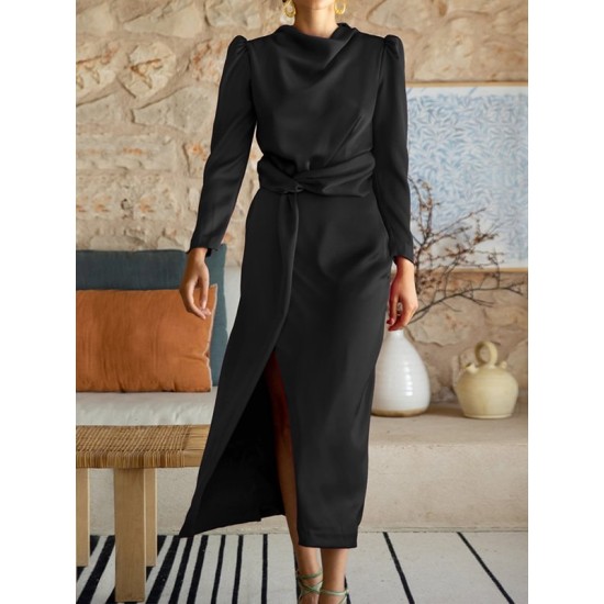 Pleated Solid Color Split-Front A-Line High Waisted Mock Neck Maxi Dresses Pleated Solid Color Split-Front A-Line High Waisted Mock Neck Maxi Dresses