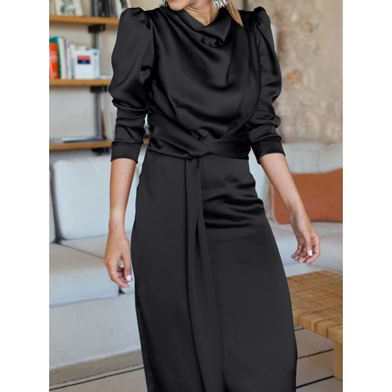 Pleated Solid Color Split-Front A-Line High Waisted Mock Neck Maxi Dresses Pleated Solid Color Split-Front A-Line High Waisted Mock Neck Maxi Dresses