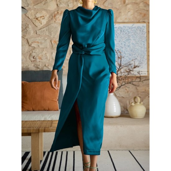 Pleated Solid Color Split-Front A-Line High Waisted Mock Neck Maxi Dresses Pleated Solid Color Split-Front A-Line High Waisted Mock Neck Maxi Dresses