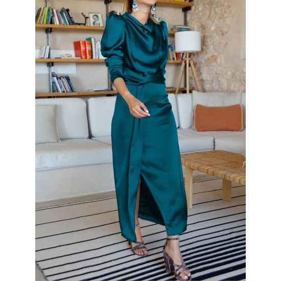 Pleated Solid Color Split-Front A-Line High Waisted Mock Neck Maxi Dresses Pleated Solid Color Split-Front A-Line High Waisted Mock Neck Maxi Dresses