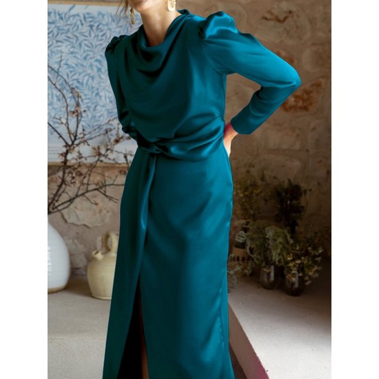 Pleated Solid Color Split-Front A-Line High Waisted Mock Neck Maxi Dresses Pleated Solid Color Split-Front A-Line High Waisted Mock Neck Maxi Dresses