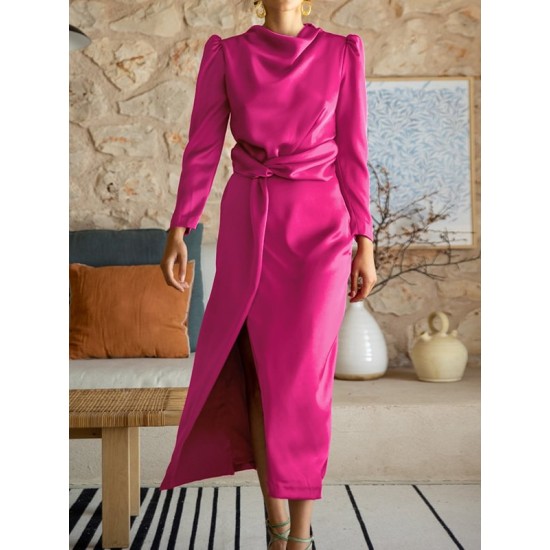 Pleated Solid Color Split-Front A-Line High Waisted Mock Neck Maxi Dresses Pleated Solid Color Split-Front A-Line High Waisted Mock Neck Maxi Dresses
