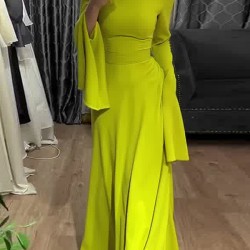 Ruffle Sleeves Skinny Belted Solid Color Round-Neck Maxi Dresses