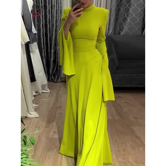 Ruffle Sleeves Skinny Belted Solid Color Round-Neck Maxi Dresses Ruffle Sleeves Skinny Belted Solid Color Round-Neck Maxi Dresses