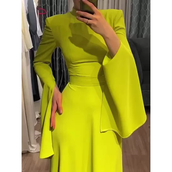 Ruffle Sleeves Skinny Belted Solid Color Round-Neck Maxi Dresses Ruffle Sleeves Skinny Belted Solid Color Round-Neck Maxi Dresses