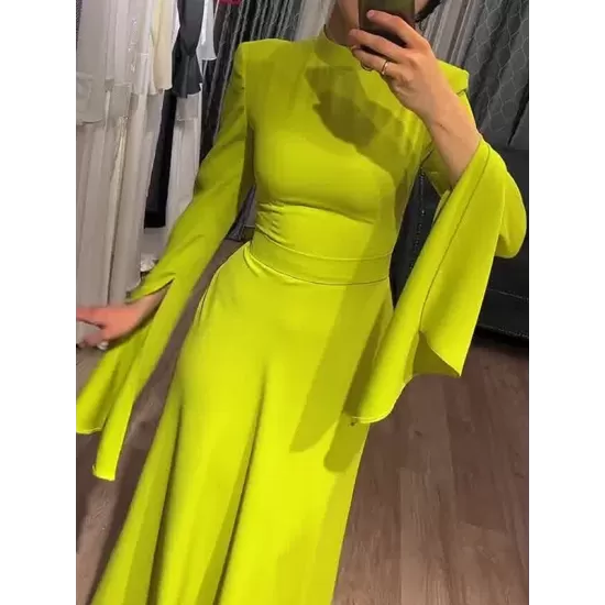 Ruffle Sleeves Skinny Belted Solid Color Round-Neck Maxi Dresses Ruffle Sleeves Skinny Belted Solid Color Round-Neck Maxi Dresses