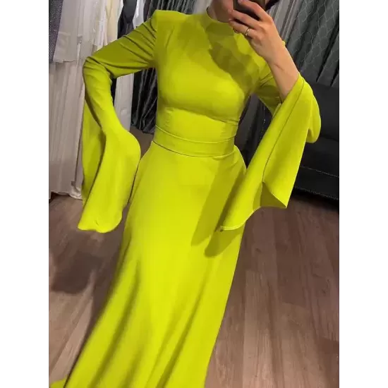 Ruffle Sleeves Skinny Belted Solid Color Round-Neck Maxi Dresses Ruffle Sleeves Skinny Belted Solid Color Round-Neck Maxi Dresses