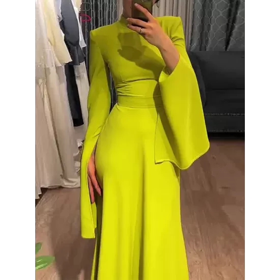 Ruffle Sleeves Skinny Belted Solid Color Round-Neck Maxi Dresses Ruffle Sleeves Skinny Belted Solid Color Round-Neck Maxi Dresses
