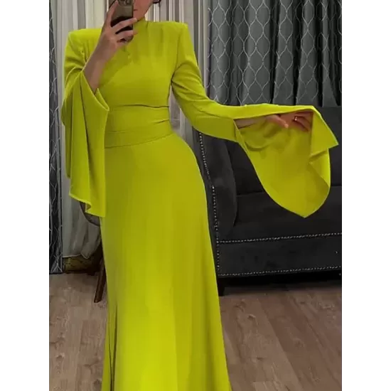 Ruffle Sleeves Skinny Belted Solid Color Round-Neck Maxi Dresses Ruffle Sleeves Skinny Belted Solid Color Round-Neck Maxi Dresses