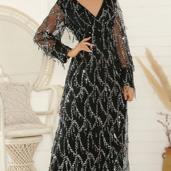 Gauze Pockets See-Through Sequined Split-Joint Long Sleeves Loose V-Neck Midi Dresses Evening Dresses