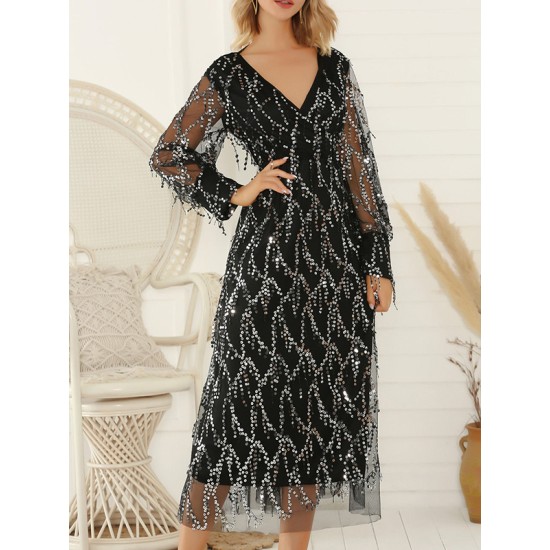 Gauze Pockets See-Through Sequined Split-Joint Long Sleeves Loose V-Neck Midi Dresses Evening Dresses Gauze Pockets See-Through Sequined Split-Joint Long Sleeves Loose V-Neck Midi Dresses Evening Dresses