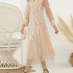 Gauze Pockets See-Through Sequined Split-Joint Long Sleeves Loose V-Neck Midi Dresses Evening Dresses