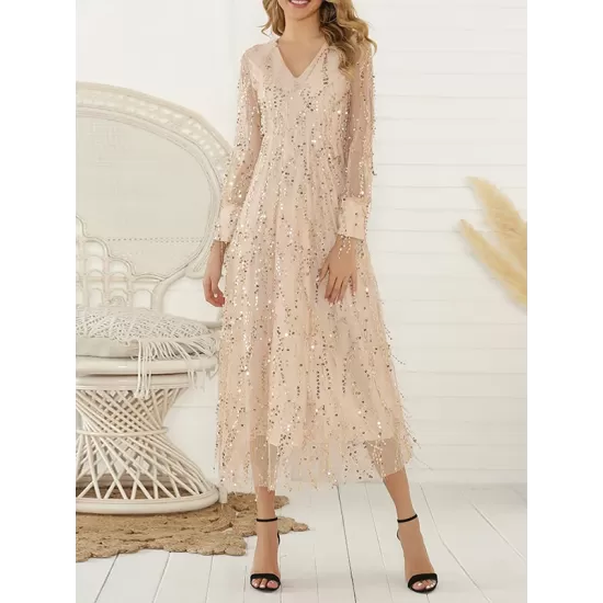 Gauze Pockets See-Through Sequined Split-Joint Long Sleeves Loose V-Neck Midi Dresses Evening Dresses Gauze Pockets See-Through Sequined Split-Joint Long Sleeves Loose V-Neck Midi Dresses Evening Dresses