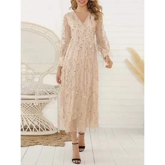 Gauze Pockets See-Through Sequined Split-Joint Long Sleeves Loose V-Neck Midi Dresses Evening Dresses Gauze Pockets See-Through Sequined Split-Joint Long Sleeves Loose V-Neck Midi Dresses Evening Dresses
