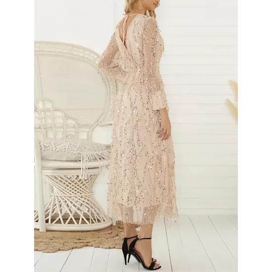 Gauze Pockets See-Through Sequined Split-Joint Long Sleeves Loose V-Neck Midi Dresses Evening Dresses Gauze Pockets See-Through Sequined Split-Joint Long Sleeves Loose V-Neck Midi Dresses Evening Dresses