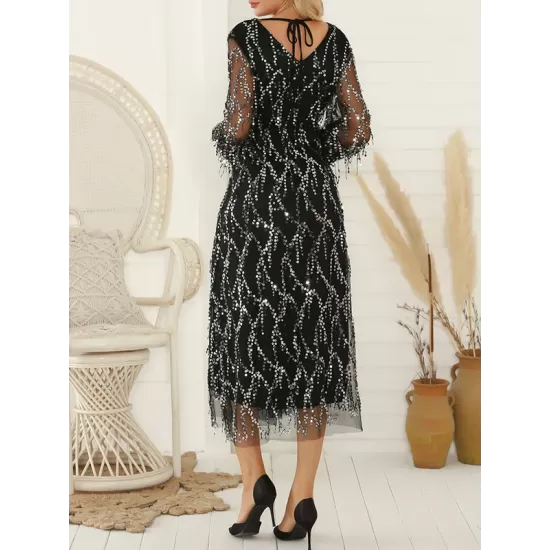 Gauze Pockets See-Through Sequined Split-Joint Long Sleeves Loose V-Neck Midi Dresses Evening Dresses Gauze Pockets See-Through Sequined Split-Joint Long Sleeves Loose V-Neck Midi Dresses Evening Dresses