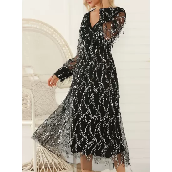 Gauze Pockets See-Through Sequined Split-Joint Long Sleeves Loose V-Neck Midi Dresses Evening Dresses Gauze Pockets See-Through Sequined Split-Joint Long Sleeves Loose V-Neck Midi Dresses Evening Dresses