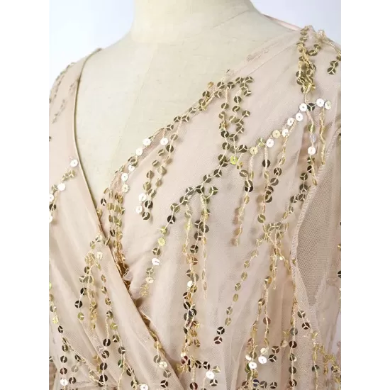 Gauze Pockets See-Through Sequined Split-Joint Long Sleeves Loose V-Neck Midi Dresses Evening Dresses Gauze Pockets See-Through Sequined Split-Joint Long Sleeves Loose V-Neck Midi Dresses Evening Dresses