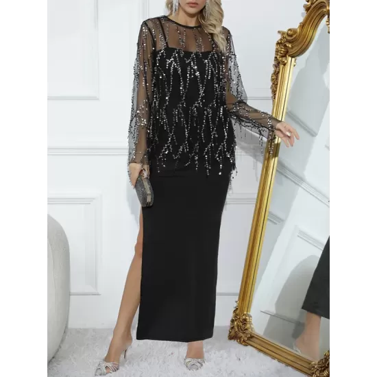 Loose Split-side Midi Dress + Gauze See-Through Sequined Top Two Pieces Midi Dress Loose Split-side Midi Dress + Gauze See-Through Sequined Top Two Pieces Midi Dress
