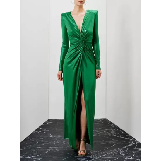 Long Sleeves Solid Color V-Neck Evening Maxi Dresses Long Sleeves Solid Color V-Neck Evening Maxi Dresses