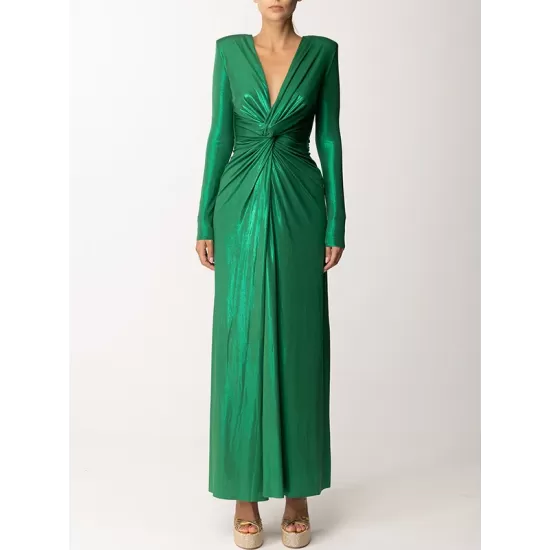 Long Sleeves Solid Color V-Neck Evening Maxi Dresses Long Sleeves Solid Color V-Neck Evening Maxi Dresses