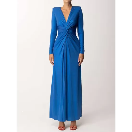 Long Sleeves Solid Color V-Neck Evening Maxi Dresses Long Sleeves Solid Color V-Neck Evening Maxi Dresses