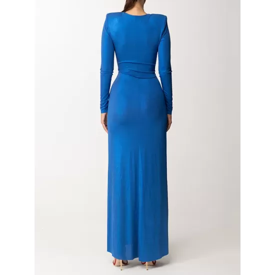 Long Sleeves Solid Color V-Neck Evening Maxi Dresses Long Sleeves Solid Color V-Neck Evening Maxi Dresses
