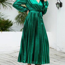 Bronzing Elasticity Pleated Solid Color Tied Waist Long Sleeves Loose V-Neck Midi Dresses